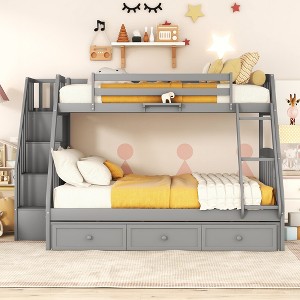 Twin over Full Bunk Bed with Storage Staircase & Drawers, Convertible into Two Beds for Kids & Teens, Pinewood Frame - ModernLuxe - 1 of 4