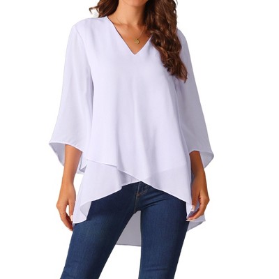 Seta T Women's High Low Asymmetrical Chiffon 3/4 Bell Sleeve V Neck Irregular Hem Casual Blouse