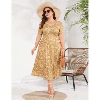 Coolmee Womens Summer Plus Size Maxi Dress Front Twist Short Sleeve Casual V Neck A Line Flowy Loose Long Dress 4XL Yellow with White Flower