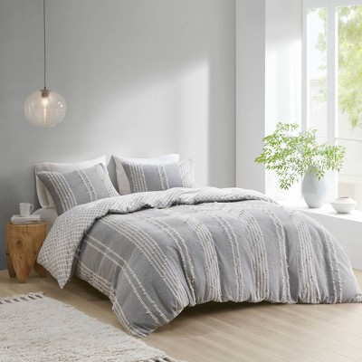 Gray Cotton Jacquard Full/Queen Duvet Cover Set with Shams