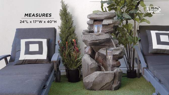 40&#34; Resin Rock 5-Tier Cascading Fountain with LED Lights Gray - Alpine Corporation, 2 of 8, play video