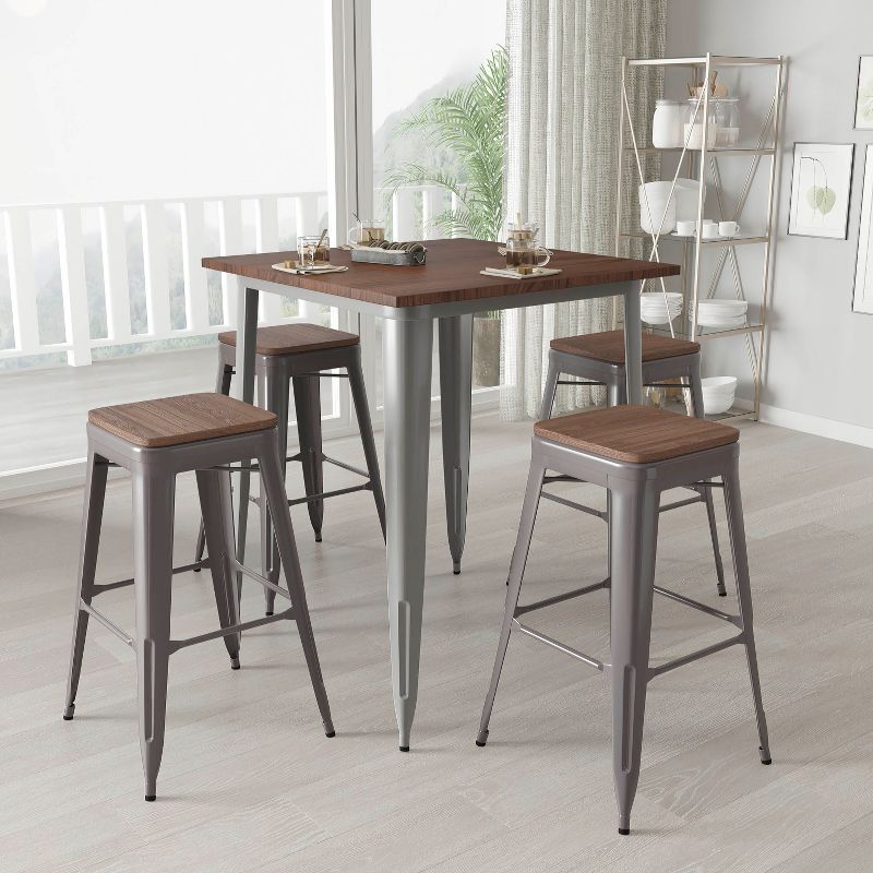 Merrick Lane Set of 4 30 Inch Tall Clear Coated Gray Metal Bar Counter Stool With Textured Walnut Elm Wood Seat, 3 of 13