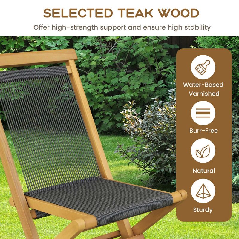 Costway 2/4 PCS Patio Folding Chairs with Woven Rope Seat & Back Indonesia Teak Wood for Porch Natural&Black, 5 of 9