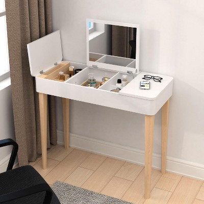 Vanity Table w/ Flip Mirror, Solid Wood Makeup Desk w/ Storage