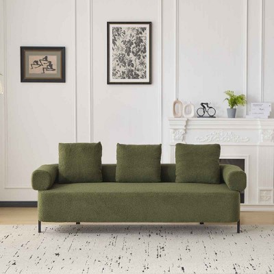 78 Inch Modern Sofa for Living Room, 3-Seater Boucle Couch with Rolled Armrests and Pillows, Upholstered Sofa with Metal Legs-Coolbibila