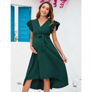 Women's Maternity Dress Wrap V Neck Ruffle Sleeveless Dress Casual Flowy Nursing Midi Dress with Belted for Babyshower Photoshop - 1 of 4