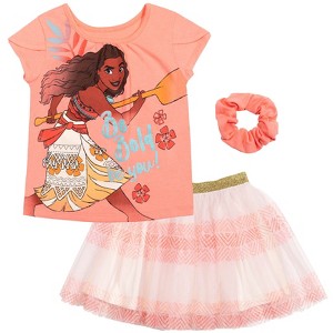 Disney Moana Princess Frozen Rapunzel Jasmine Belle Girls T-Shirt Tulle Skirt and Scrunchie 3 Piece Outfit Set Toddler - 1 of 4