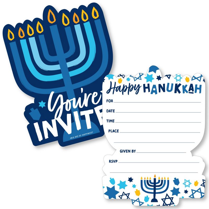 Big Dot of Happiness Hanukkah Menorah - Shaped Fill-In Invitations - Chanukah Holiday Party Invitation Cards with Envelopes - Set of 12, 1 of 8