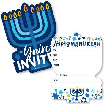 Big Dot of Happiness Hanukkah Menorah - Shaped Fill-In Invitations - Chanukah Holiday Party Invitation Cards with Envelopes - Set of 12