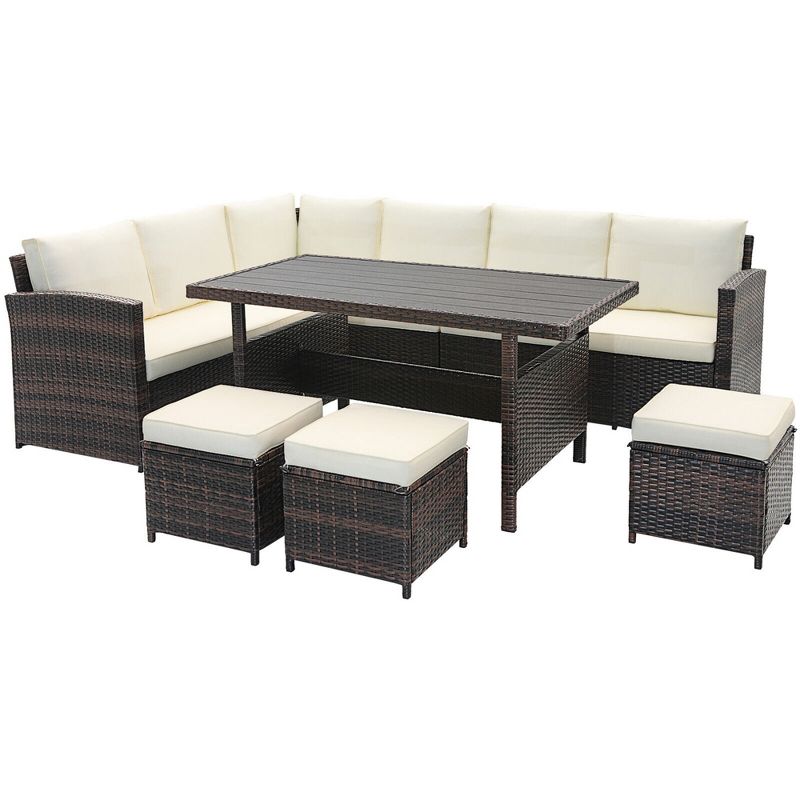 Tangkula 7PCS Wicker Patio Conversation Furniture Set Sectional Sofa Set w/ White Cushions, 2 of 7