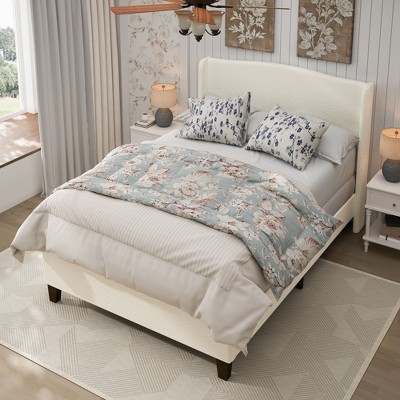 Kumasinova Queen/Twin/King Size Teddy Velvet Upholstered Bed Frame,Platform Bed with 49.21"High Back Headboard,12 Wood Slat Support,White
