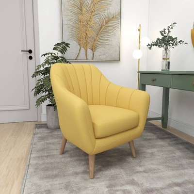 Yellow Velvet Barrel Accent Chair with Wood Legs