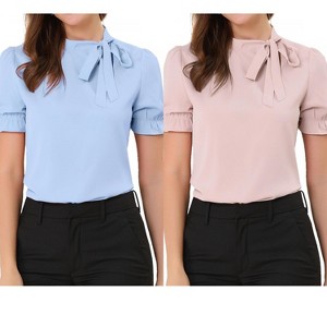 Allegra K Women's Elegant Bow Tie Neck Elastic Cuffs Office Short Sleeve Blouse 2 Pcs - 1 of 4