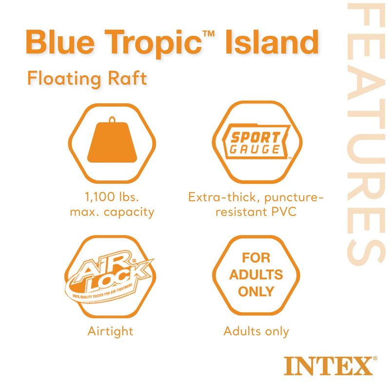 Intex Blue Tropic Inflatable Lake or Swimming Pool Island Water Floating Lounger Raft with Backrests, Built-In Cooler, and 4 Cupholders, 4 of 10