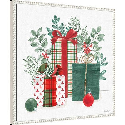 Classic Christmas Presents Greenery Framed Canvas Wall Art