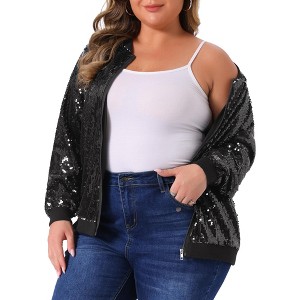 Agnes Orinda Women's Plus Size Party Metallic Sequin Sparkle Zip Bomber Jackets - 1 of 4