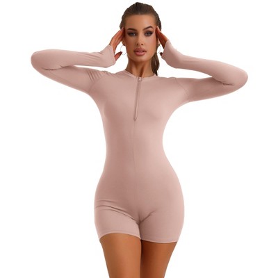 Allegra K Women's Front Zipper Jumpsuit Shorts Long Sleeve Slim Fit Unitard Body Shapers Stretchy Romper Workout Outfits