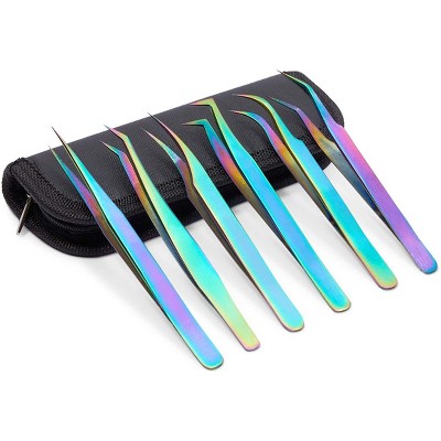 Okuna Outpost 6 Eyelash Extension & Volume Lash Precision Tweezers with Storage Case, Rainbow