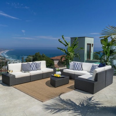 8-Piece Outdoor Seating Set, Rattan Conversation Set with Coffee Table and Side Tables, Sofa with Iron Frame and Foam Cushions-Coolbibila