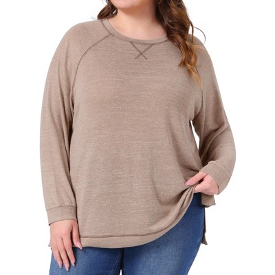 Agnes Orinda Women's Plus Size Crew Neck Long Sleeve Side Split Shirt Casual Ribbed Knit Blouse