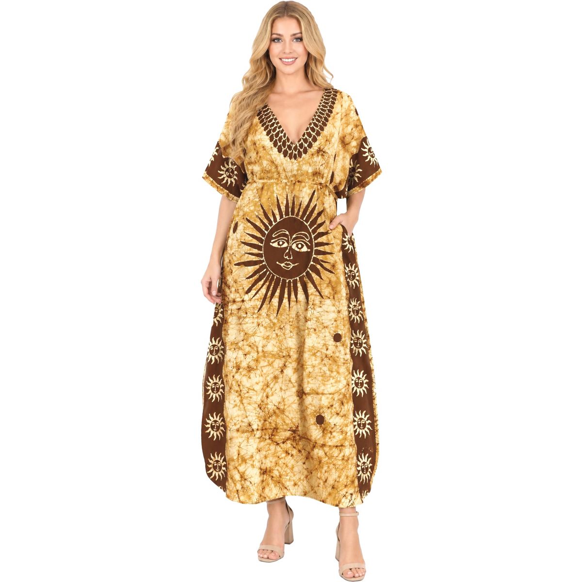 LA LEELA Summer Cotton Women Holiday Caftan Dress Resortwear Vacation Cruise Loungewear Maternity Friendly Style 2X-3X Yellow Sun