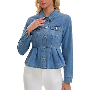 INSPIRE CHIC Women's Denim Button Down Turndown Collar Long Sleeve Ruffle Hem Peplum Jean Jackets - 1 of 4
