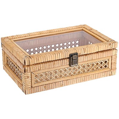 BRINJOY Woven Rattan Display Box with Clear Lid & Metal Clasp - 11x7.1x4 inch Rectangular Storage Box for Snacks, Remotes, Home Decor