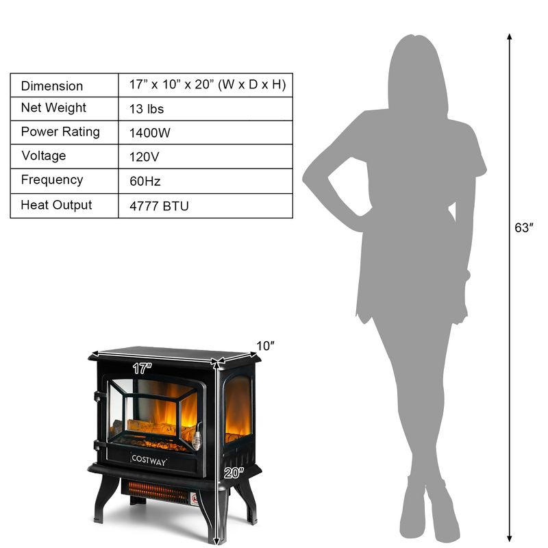 Costway 20''  Freestanding Electric  Fireplace Heater Stove W/ Thermostat & Flame Effect, 4 of 11