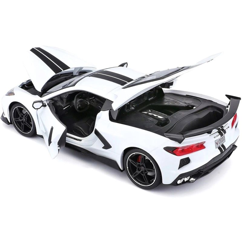 2020 Chevrolet Corvette Stingray C8 Coupe with High Wing White with Black Stripes 1/18 Diecast Model Car by Maisto, 3 of 5