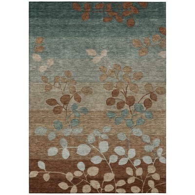Brown And Teal Blue Floral Washable Indoor Outdoor Area Rug