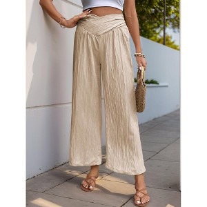 Women Pants Crinkle Textured Wide Leg Pants High Waisted Flowy Trousers - 1 of 4