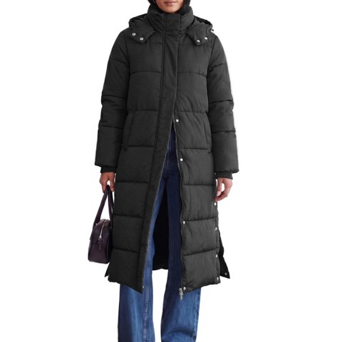 Женские куртки INSPIRE CHIC Women's Winter Long Buttoned Slit Hem Parka Stand Collar Removable Hood Warm Quilted Padded Coat M Black