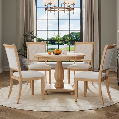 KTMBDW 5Pcs Retro Dining Set, Round Table with Pedestal Table Base and 4 Upholstered Chairs for Dining Room and Kitchen