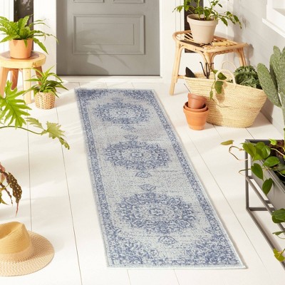 Elegant Medallion Grey/Blue Indoor/Outdoor Synthetic Runner Rug
