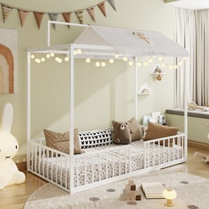 Twin/Full Size 3-in-1 Convertible Montessori Metal Floor Bed, Fenced Toddler Bed, Canopy Platform Bed - ModernLuxe - 1 of 4