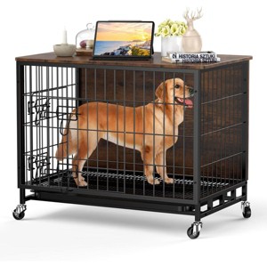 Wooden Dog Crate Furniture with Wheels and Double Door – Modern Pet House, Removable Tray, Stylish End Table for Living Room, Bedroom, and Outdoors - 1 of 4