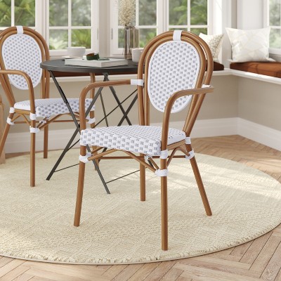 White and Gray Wicker Rattan Dining Chair with Cushions and Brown Frame