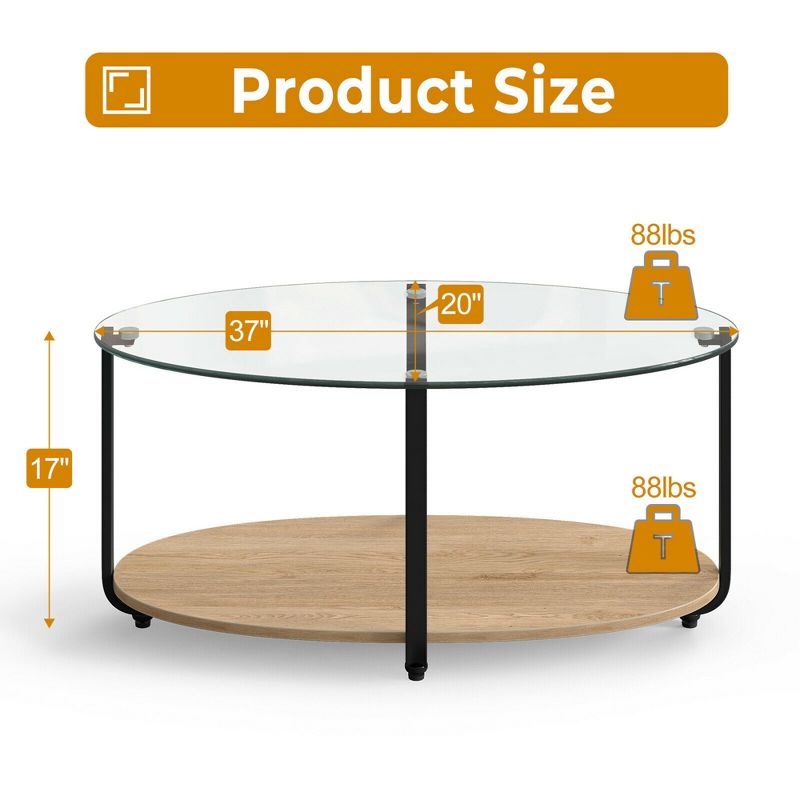 Costway Glass-Top Coffee Table 2-Tier Modern Oval Side Sofa Table w/ Storage Shelf, 5 of 13