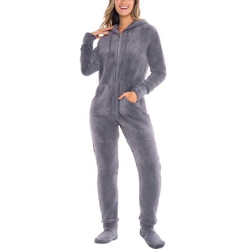 ADR Women's Hooded Footed Pajamas, Plush Adult Onesie, Winter PJs with Hood  Steel Gray X Small