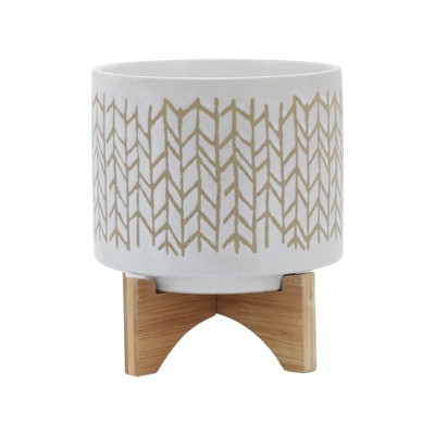 VisioGear 8" Tall Round Planter with Wooden Stand, Plant Pots for Living Room, Bedroom, Beige, 8"*8"*9"