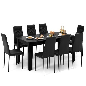 Costway Modern Rectangular Kitchen Table Set with 8 PVC Leather Dining Chairs Black - 1 of 4