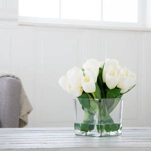 Tulip Floral Arrangement in Vase- 24 Cream Artificial Flowers with Leaves in Decorative Clear Glass Square Bowl & Faux Water for Décor by Pure Garden - 1 of 4