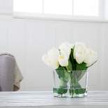 Tulip Floral Arrangement in Vase- 24 Cream Artificial Flowers with Leaves in Decorative Clear Glass Square Bowl & Faux Water for Décor by Pure Garden