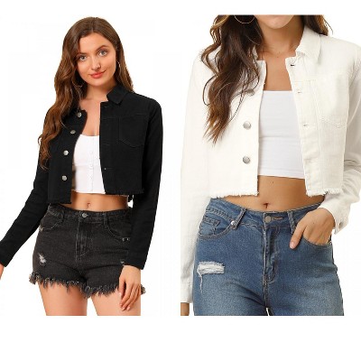 INSPIRE CHIC Women's Turn Down Frayed Button Down Washed Cropped Denim Jacket 2 Packs