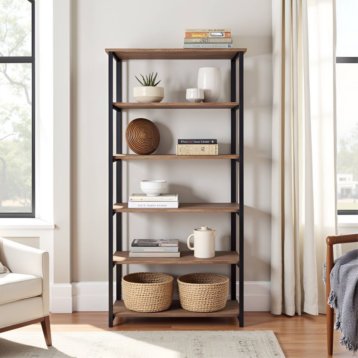 70" Pomona 5 Shelf Bookshelf Metal and Solid Wood Natural - Alaterre Furniture - thumbnail 6