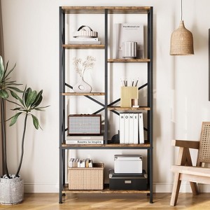 Industrial Geometric Bookcase with 6-Tier Staggered Shelves - 69.48" Tall, Metal Frame, Vintage Style, Multi-Functional Storage, 25lb/Shelf Capacity - 1 of 4