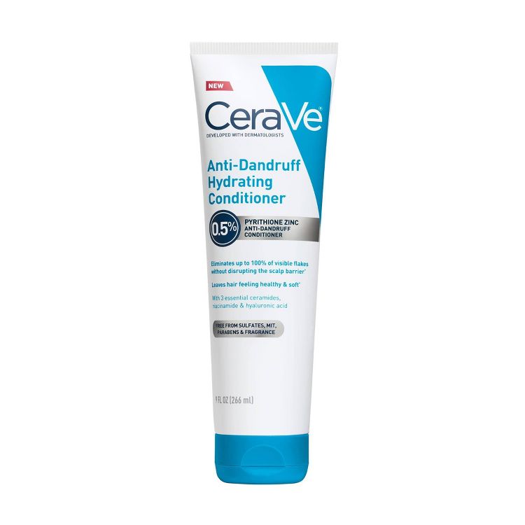 White and blue colored tube of CeraVe Anti-Dandruff Hydrating Conditioner with 0.5% Pyrithione Zinc, labeled as 9 fl oz (266 ml).