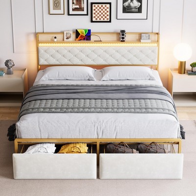 homfan Bed Frame with 2 Storage Drawers, LED Bed Frame with 2-Tier Storage Headboard＆Charging Station, Metal Platform Bed Frame, No Box Spring Needed