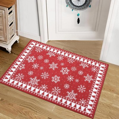 Christmas Area Rug Xmas Tree and Snowflake Accent Rug Holiday Decorative Bordered Rug