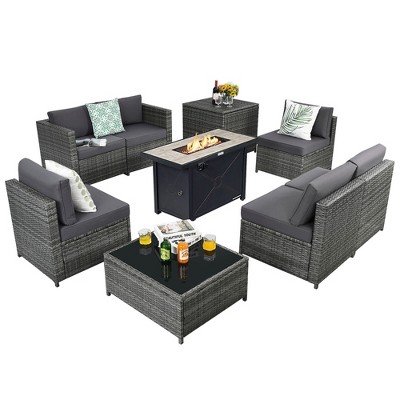 Tangkula 9 PCS Patio Rattan Furniture Set Fire Pit Table Storage Black W/ Cover
